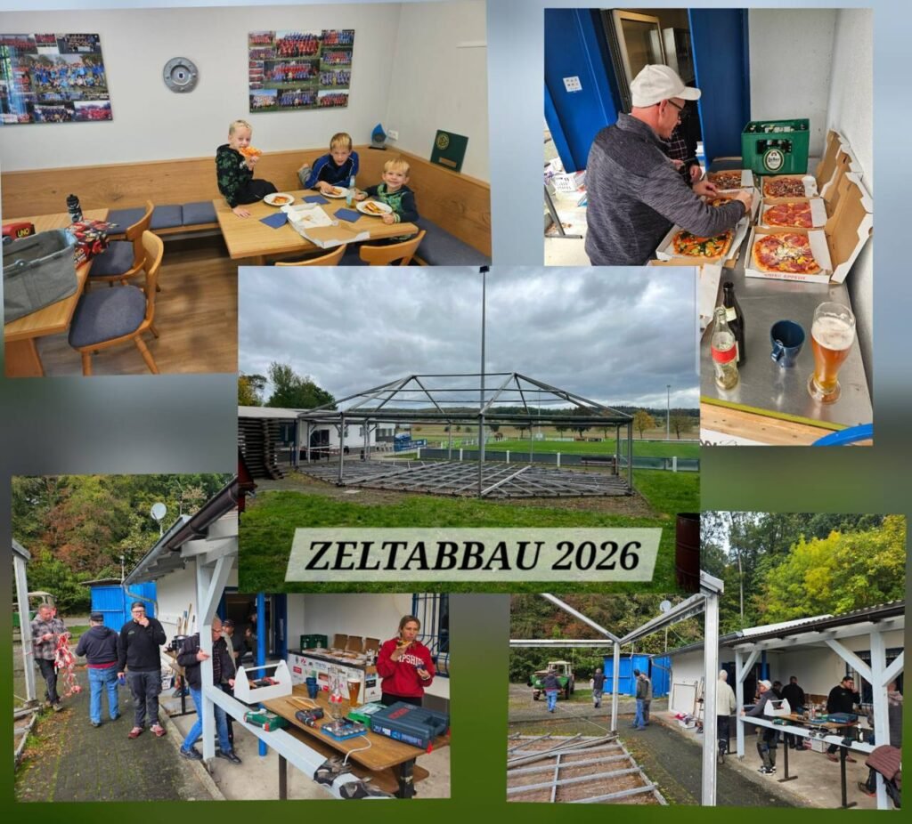 Fotocollage vom Zeltabbau 2026 bei der SG Stammheim: Helfer beim Abbau des Zeltgestänges am Sportplatz und gemeinsame Pizza-Pause im Vereinsheim.